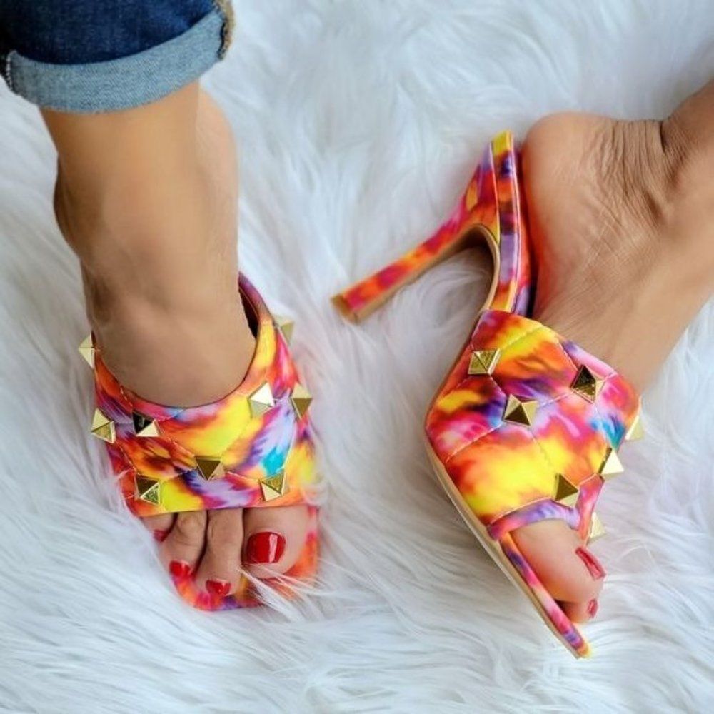 Multi Color Women’s Roman Style Stud Finish Slip On Heeled Sandals